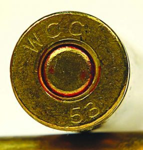 Red sealant is visible surrounding the primer in this milsurp M2 Ball cartridge.