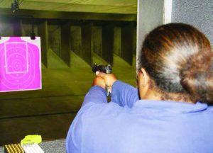 A variety of semi-automatic pistols were used in the LAID firearms introductory class, but all were 9mm to simplify the logistics of providing ammunition for such a large turnout of first-time shooters.