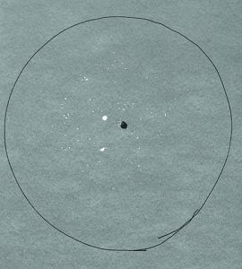 5.0 grains of Unique put all #8 pellets in a fairly round 10” pattern at 10 feet. The large hole is from the shot shell’s endcap.