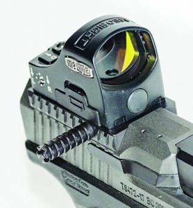 Meopta’s MeoSight III rests on author’s well traveled Canik TP9SFx; this combination is ideal for USPSA’s Carry Optics Division.