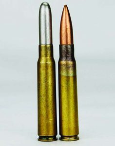 The same, but different: The 8mm Mauser on the left has a bullet diameter of .315”; the 8mm Mauser on the right, .323”.