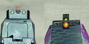 When you want multi-purpose hard use handgun sights, Truglo’s TFX Pro is it; note the “U” notch rear and tritium fiber optic front.