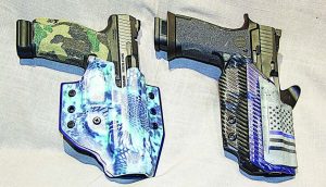 3i’s pancake holster in Kryptek Pontus for Canik TP9SFx and custom “Blue Line” for Sig P320 X5. These holsters are the epitome of art and function.