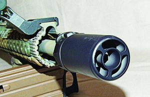 The muzzle end of the Warden Blast Diffuser. The tube channels the blast of a muzzle brake forward away from the shooter and anyone on the sides.