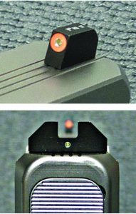 You can see the orange outline tritium on the front sight and the bold “U” notch with its tritium vial in the rear of XS Sights F8 Night Sight.