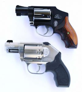 Compared to a five-shot .38 the six-shot Kimber .357, bottom, is little larger.