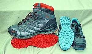 Lowa’s Aerox GTX Mid (men’s) and Lo (women’s) showing the Monowrap and aggressive Surround Trac sole. These ensure you have a supportive stable boot in the muddiest of conditions.
