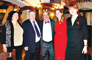 Among the international civilian gun rights advocates meeting in Moscow, Oct. 31 and Nov. 1 were, left to right: Mrs. Alexander Torshin; Russian Sen. Torshin; Alan M. Gottlieb, Julianne Versnel and Maria Butina, shown here after a dinner meeting in the Russian capital. Sen. Torshin is the First Deputy Chairman of the Federal Assembly, the Russian Parliament. Butina is the head of Bear Arms Russia, who chaired the two-day conference. Gottlieb and Versnel are directors of the International Association for the Protection of Civilian Arms Rights.