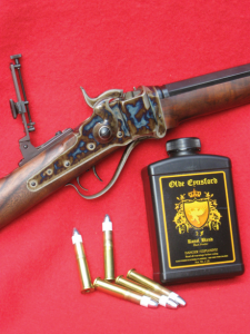 Olde Eynsford is shown with the author’s new C. Sharps Arms Model 1874 .44/77 rifle and loads using the new powder.