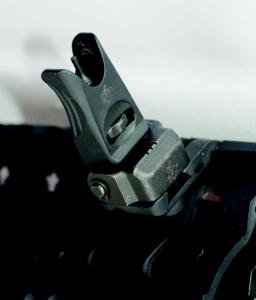 Knight’s offset front back-up sights. This system is out of the way when you don’t need it and accurate when you do.