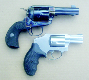The US Firearms Double Eagle .45 Colt Single Action and the S&W J Frame Hammerless .357 Magnum are two powerful pocket pistols capable of much more than the smaller .32s and .380s normally thought of as pocket pistols.